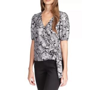 NWT Michael Kors Womens Foil Paisley Wrap Top Size Medium Black Silver